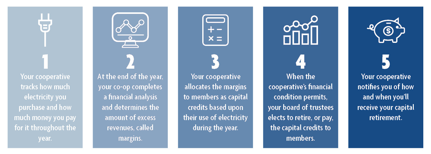 This graphic describes the 5 steps of how capital credits work